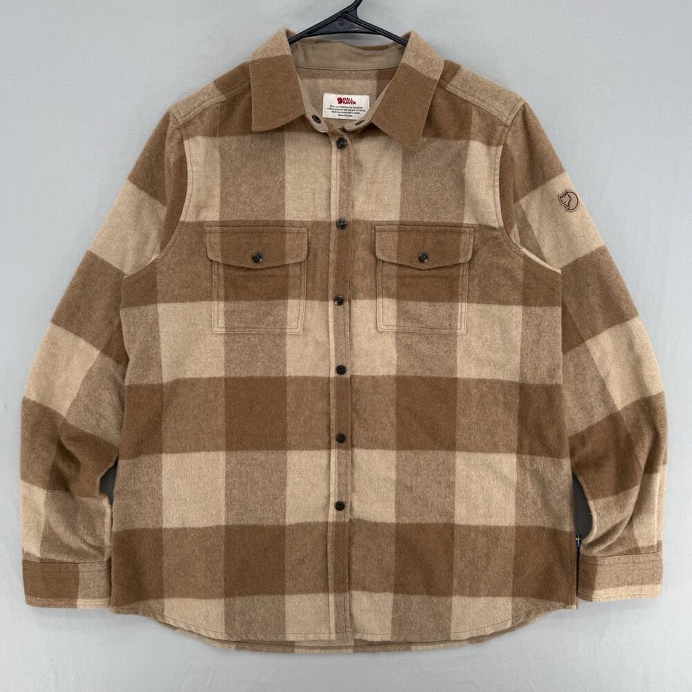 FjallRaven Canada Shirt Womens XL Tan/Brown Plaid Flannel Comfort Fit Wool Blend